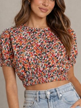MVN The Label Izzy Floral Crop Top Red Women Size 8 Large Puff Sleeve Boho Ditsy